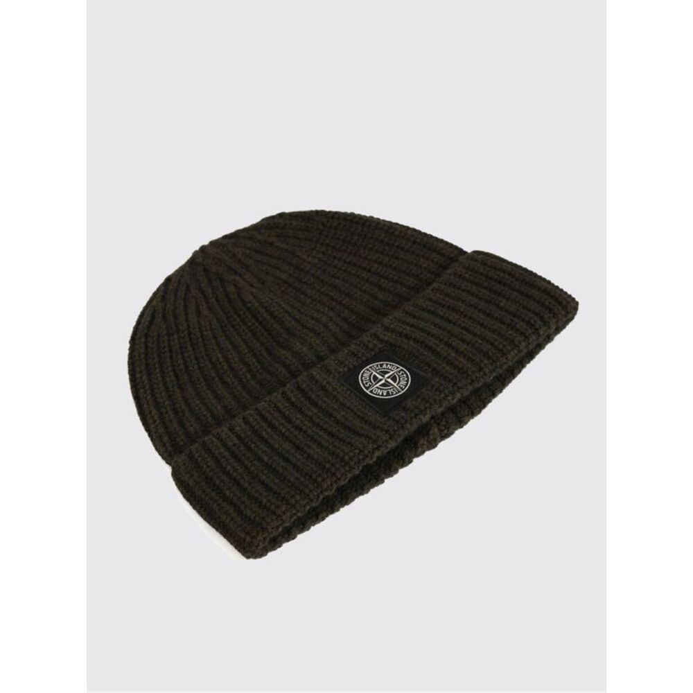 Stone Island Men Ribbed Virgin Wool Beanie Hat Stone Island With Compass Logo
